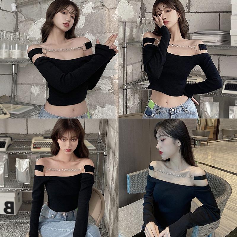 Áo thun nữ tay dài dáng ôm hở vai thời trang Hàn Quốc