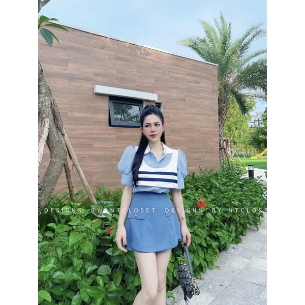 Set 3 Món Gile Kẻ Ngang Xanh