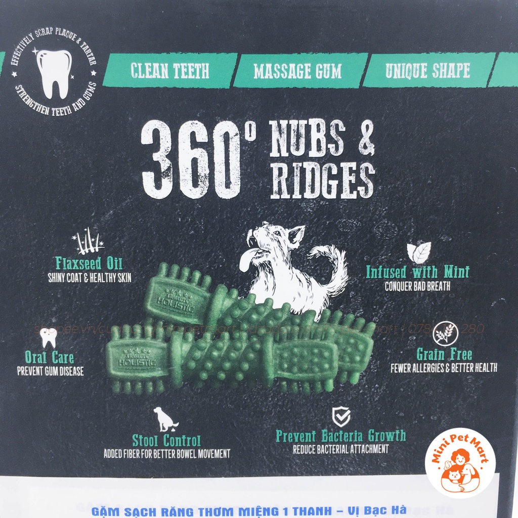 Xương gặm sạch răng, thơm miệng cho chó hình bàn chải ABSOLUTE HOLISTIC DENTAL CHEW - Vị bạc hà