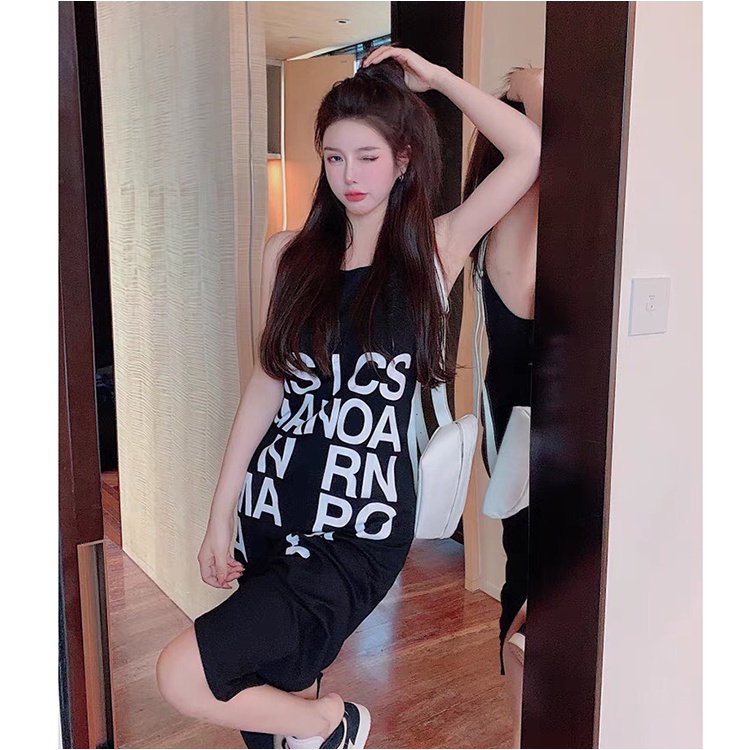 Đầm cotton sát nách Váy ba lỗ dáng dài in chữ dọc thoáng mát hàng VNXK