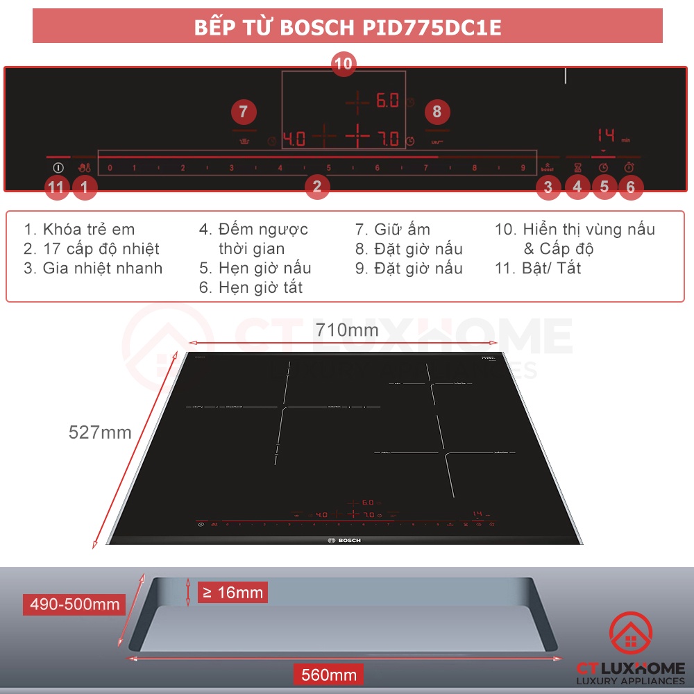 Bếp từ Bosch PID775DC1E - Bếp từ 3 vùng nấu, lắp đặt âm - Hàng chính hãng, sx Tây Ban Nha