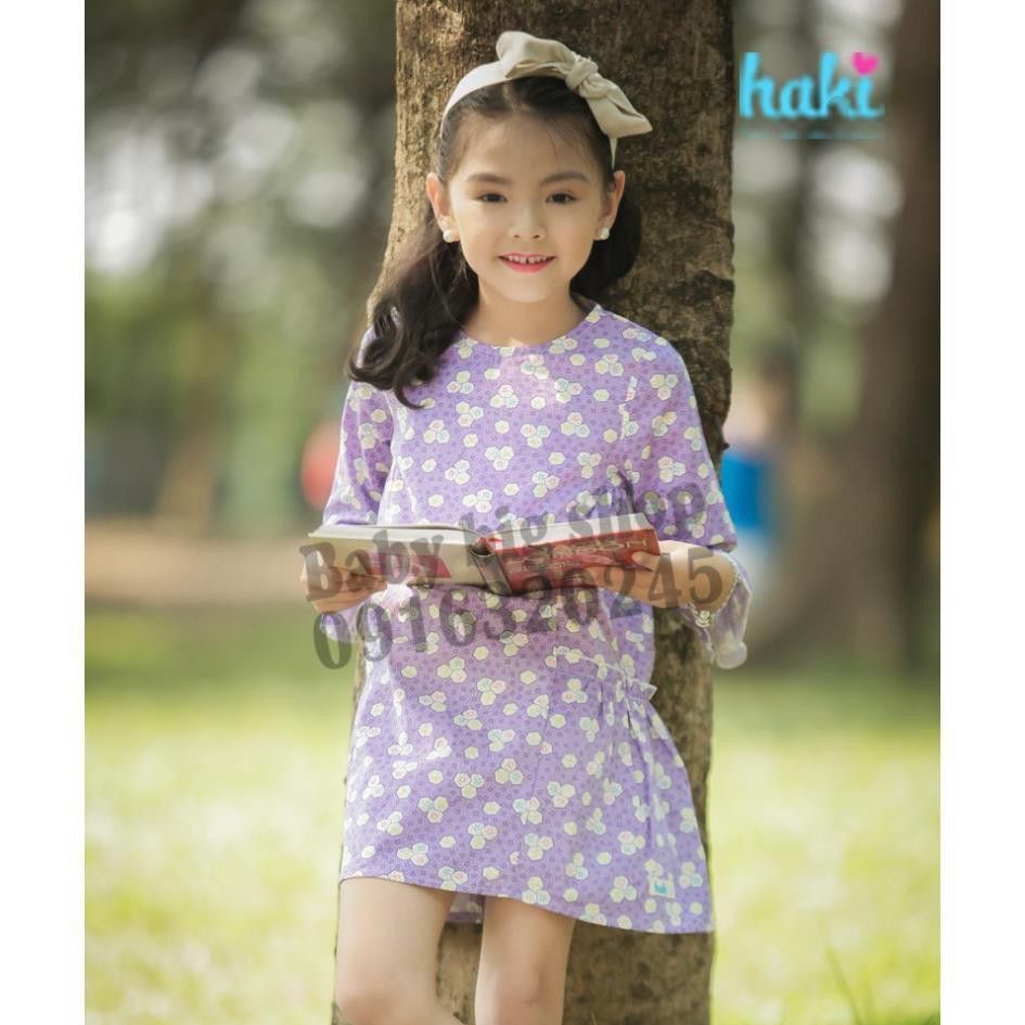 Đầm bé gái_Váy thô nhún sườn hai tầng- Tím họa tiết lục giác HK494