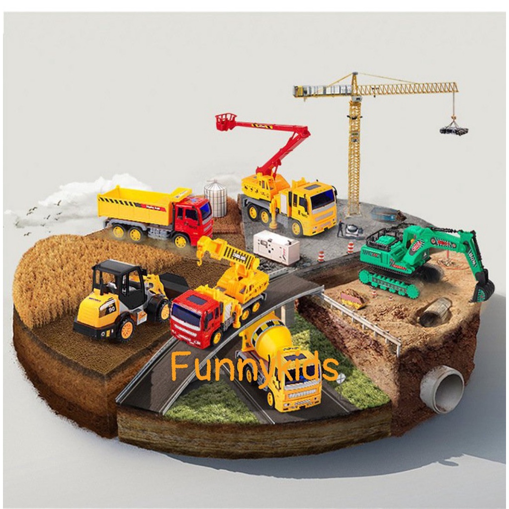 Đồ Chơi Xe Công Trình Set 6 Xe Cỡ Lớn Mô Phỏng Các Loại Xe Như Máy Ủi, Cần Cẩu, Máy Múc, Xe Nâng Hàng