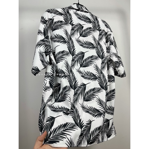 Áo sơ mi cộc tay unisex form rộng họa tiết TRẮNG LÁ ĐEN cho nam nữ | DUYHI