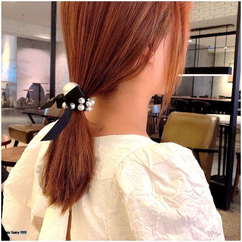 Cột tóc hạt châu trắng ruy băng đen giá rẻ nữ tính CT130