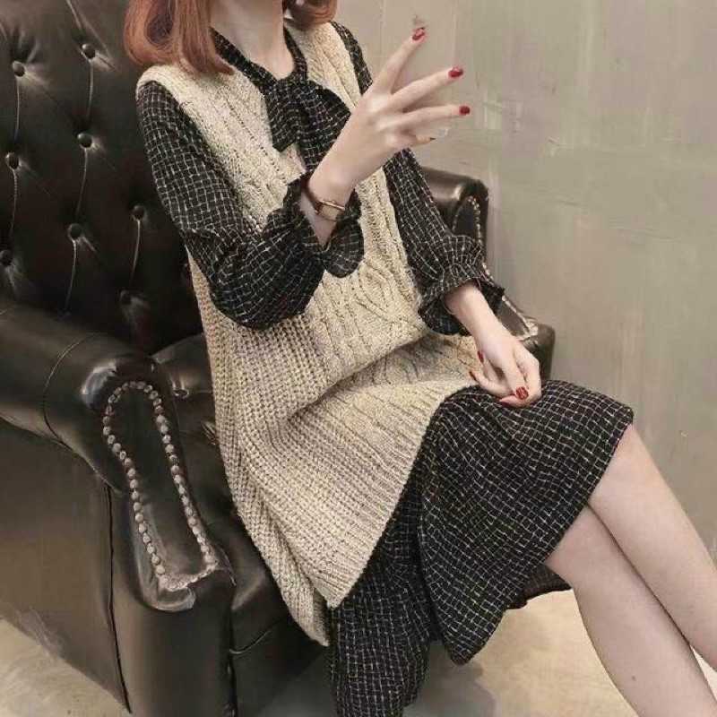 Sét Váy bánh Bèo Cổ Nơ + Áo gile Len Quảng châu ❤️