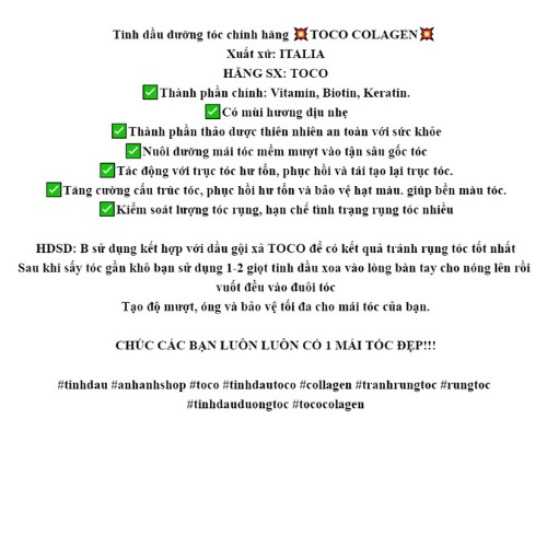 TINH DẦU DƯỠNG TÓC TOCO COLAGEN. Rin Chan Store