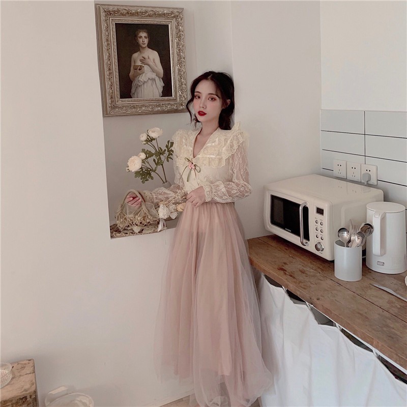 Áo sơ mi ren hoa + chân váy dài voan hồng Pastel ẢNH THẬT CUỐI tiểu thư J0006