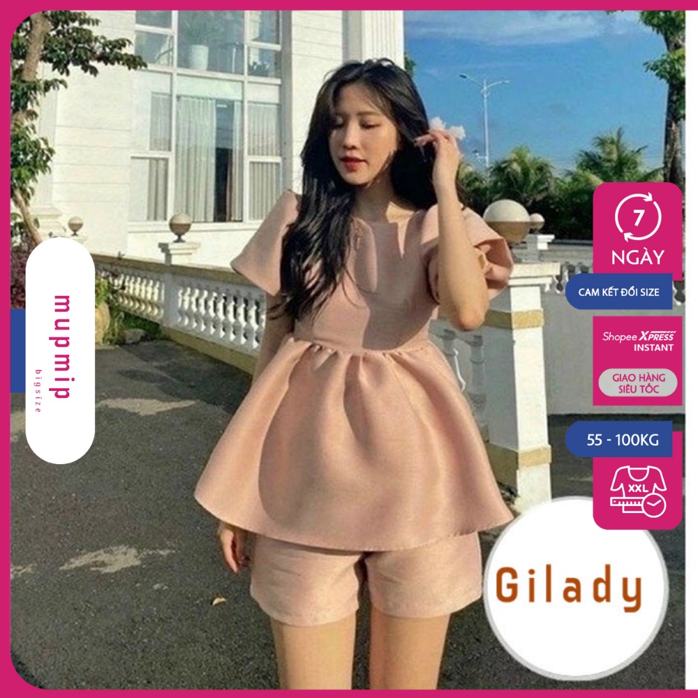 Set Đồ Bigsize Nữ Thiết Kế Áo Cổ Vuông Tay Bồng Có Thắt Nơ Sau Lưng Mix Quần Short, Chất Vải Phi Mờ Mupmip Set444