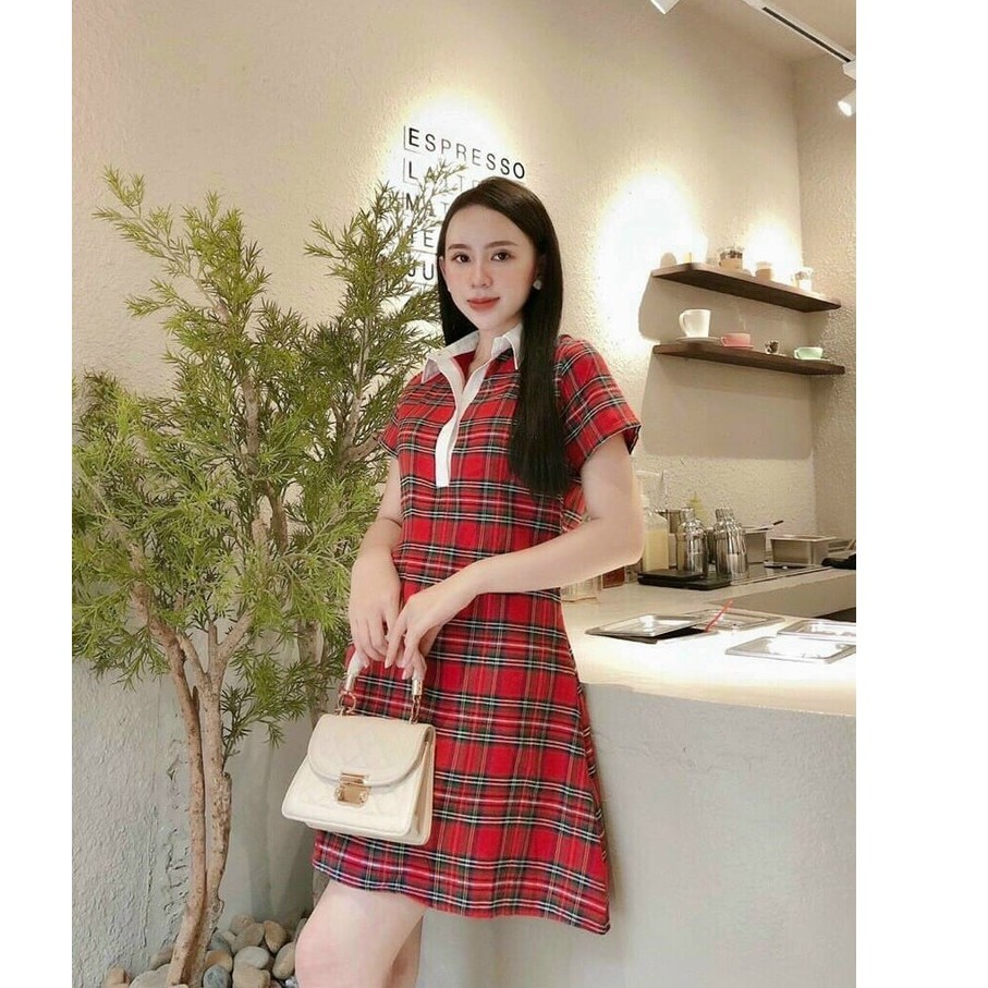 ĐẦM nữ thiết kế cổ áo sơ mi tay ngắn dáng xòe với họa tiết caro chất liệu kate sang trọng