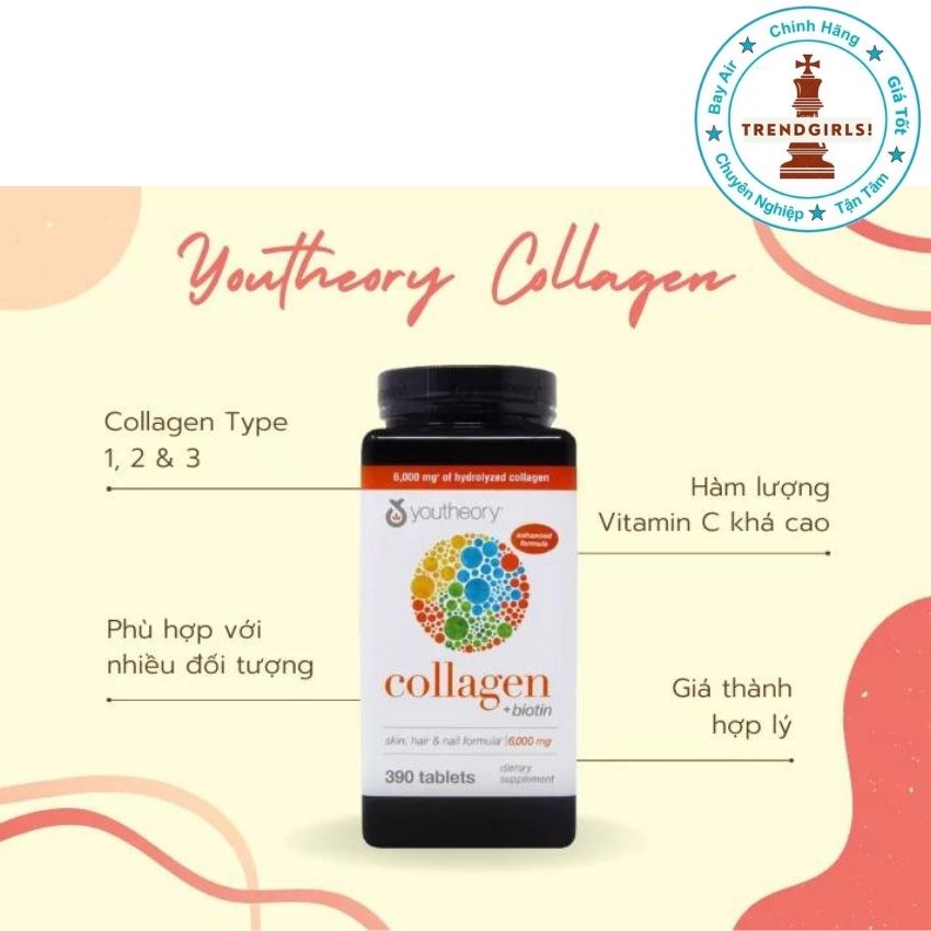 Viên uống Collagen và Biotin Youtheory của Mỹ 390 viên giúp làm đẹp da, dưỡng tóc và cải thiện sức khoẻ