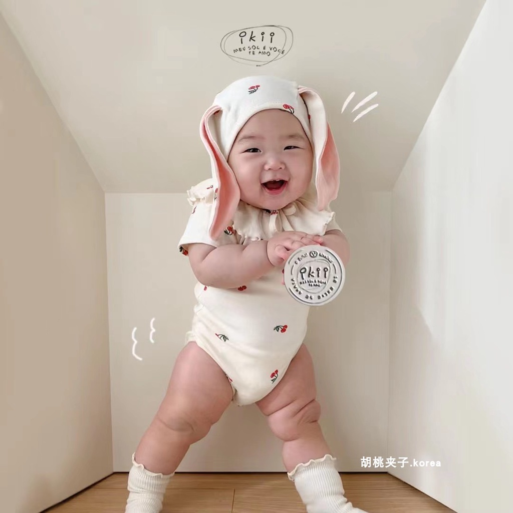 Bộ Áo Liền Quần Tay Ngắn + Mũ Tai Thỏ Thời Trang Mùa Hè Cho Bé Gái Sơ Sinh