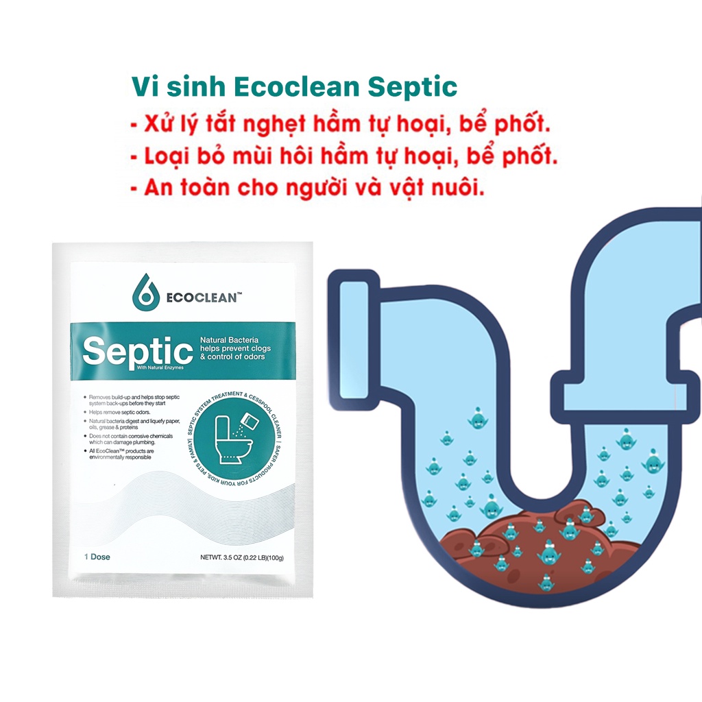 Vi Sinh Xử Lý Hầm Cầu, Bể Phốt Bị Đầy - EcoClean Septic - Nhập Khẩu Mỹ - Túi 100gram