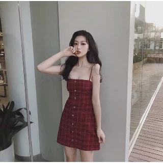 Đầm/ váy kẻ đỏ thắt nơ sau