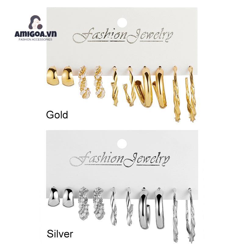 Bộ 5 Đôi Khuyên Tai Kim Loại Đính Ngọc Trai Đơn Giản