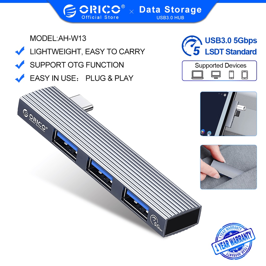 Bộ chia cổng ORICO AH-W13 Type C sang USB 3.1 3 trong 1 bằng nhôm thích hợp cho iPhone máy tính bảng