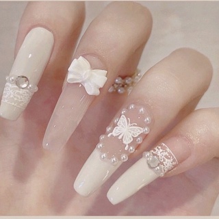 móng tay giả Bộ móng giả màu đen đính nơ dùng làm móng tay nghệ thuật có thể tháo rời