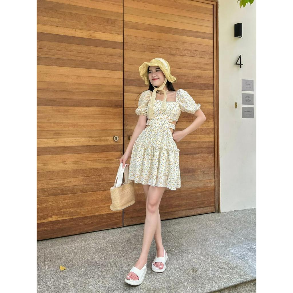Đầm hoa nhí H43 cutout eo cách điệu thắt nơ lưng có sẵn mút ngực