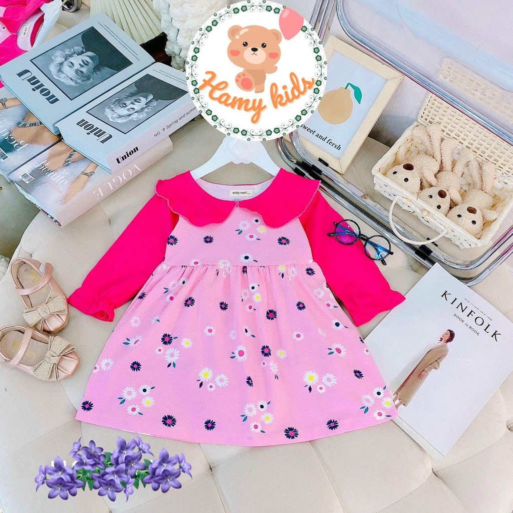 Váy Đầm Tiểu Thư MINKY MOM Chính Hãng Bé Gái Tay Dài Chất Liệu Vải COTTON Hoa Nhí Xinh Xắn Cho Bé Dưới 20kg - Hamykids