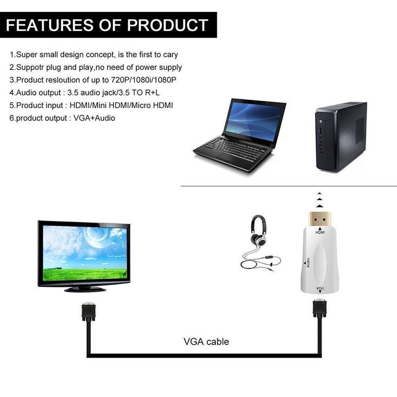 Bộ Chuyển Đổi Hdmi Sang Vga Hỗ Trợ Hd 1080p Cho Xbox Ps4 Pc Laptop Tv Box