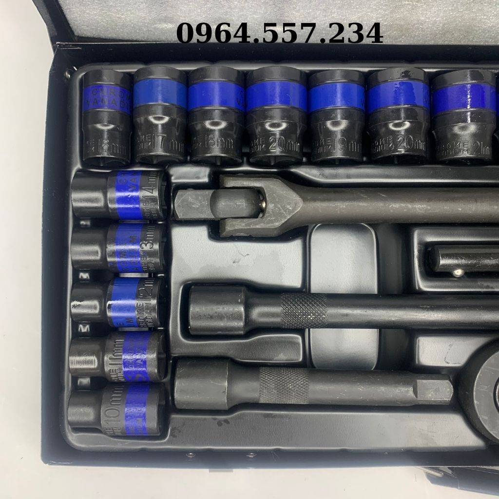Bộ dụng cụ sửa chữa 1/2-24 món lục, bộ đầu khẩu đa năng Thép CR-V Cao Cấp