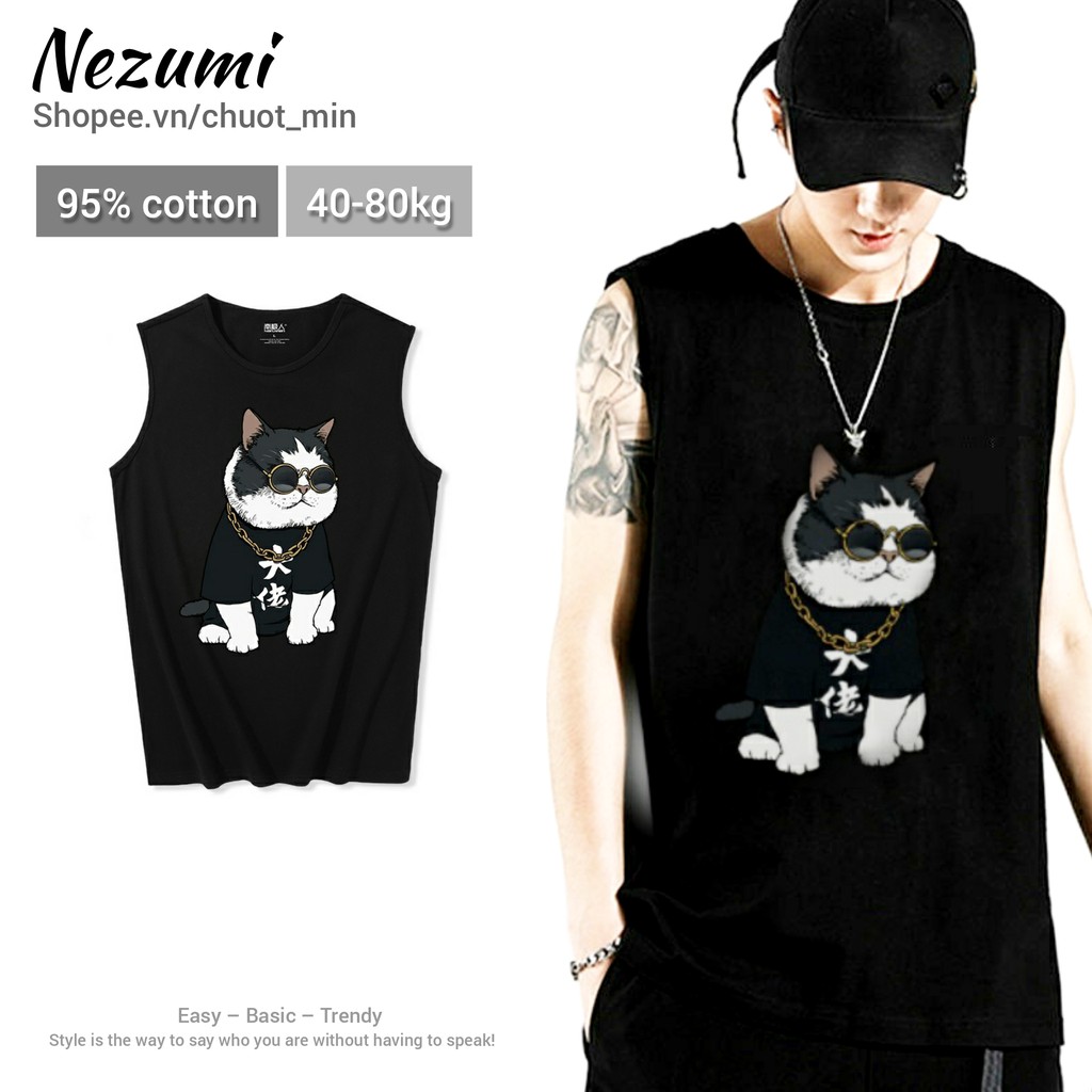 Áo tank top 95% cotton unisex nam nữ mèo kính đen - Áo ba lỗ tập gym, chạy bộ