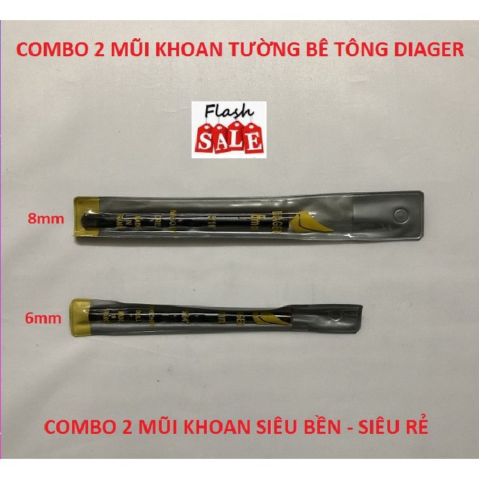 Mũi Khoan Tường Khoan Bê Tông, Combo 2 mũi khoan 8mm và 6mm Chính Hãng DIAGER