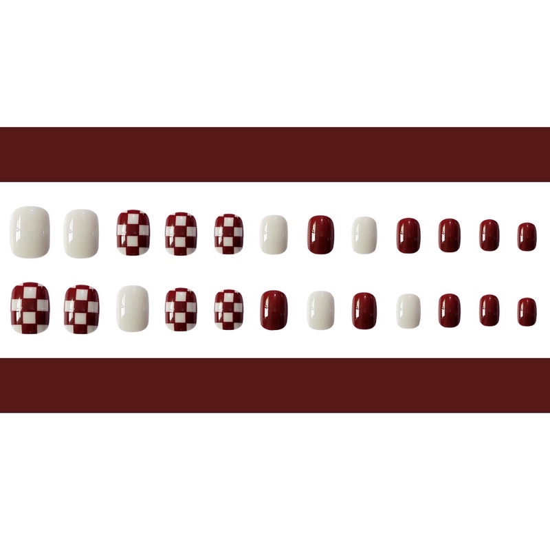[Hàng mới về]Bộ 24 móng giả form ngắn kẻ caro trắng đỏ