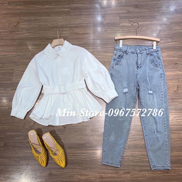 Áo thắt đai cổ ren