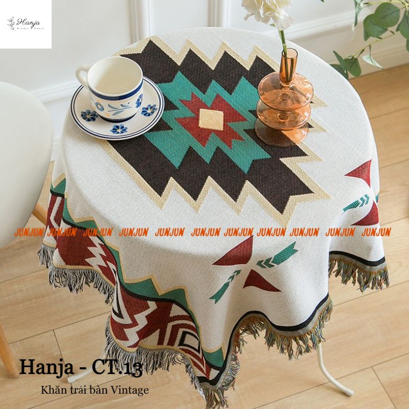 N08_Khăn trải bàn hình chữ nhật/tròn cotton&lanh Morandi organic họa tiết thổ cẩm có tua phong cách Bắc Âu