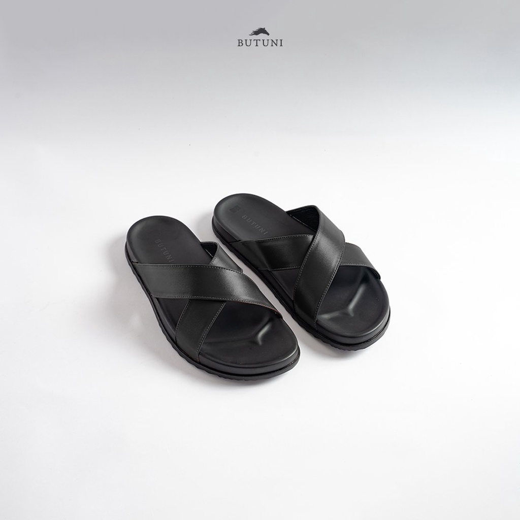 Dép quai chéo da bò full-grain Butuni Cross Slippers - BH da thật 12 tháng - Đen