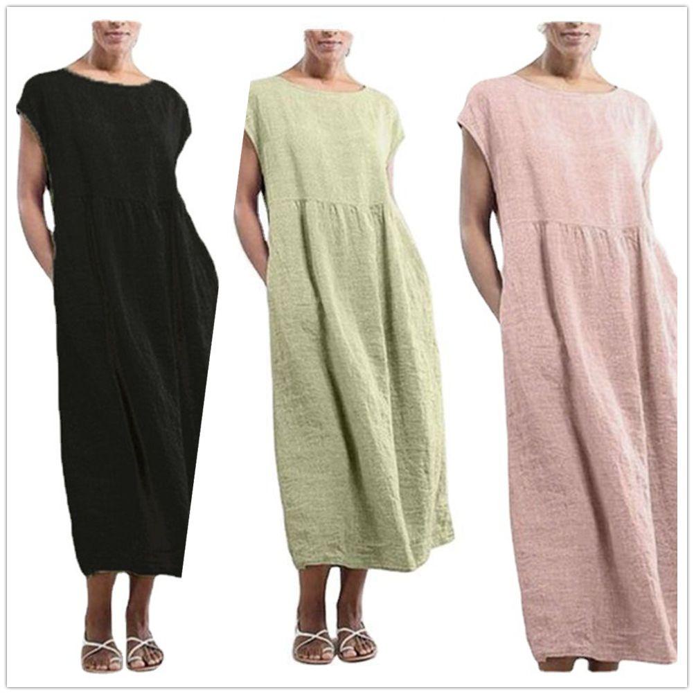 Đầm Dài Vải Lanh Cotton Tay Ngắn Màu Trơn Plus Size Cho Nữ