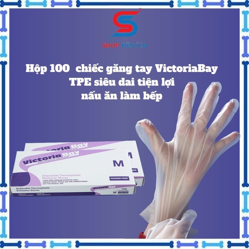 Găng tay cao su Victoria Bay hộp 100 chiếc bao tay cao su chất liệu TPE -Shop Tiện Ích