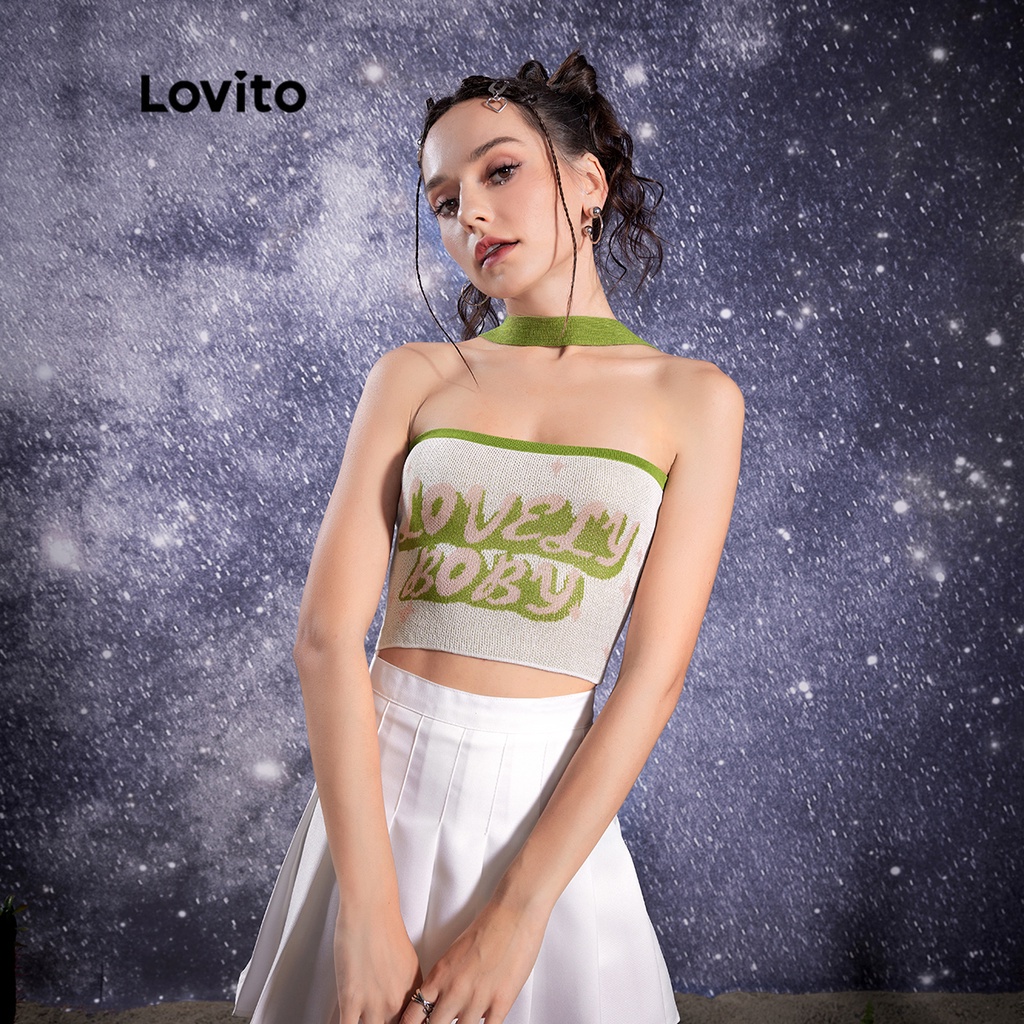 Lovito STAR GIRL Dễ thương chữ có dây ÁO Ràng buộc Phụ nữ Cami Top L32AE016 (Trắng trắng)