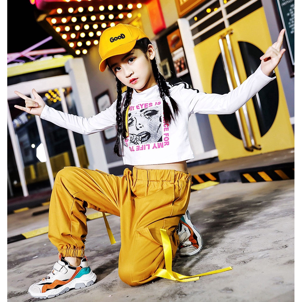 Bộ Áo Croptop Tay Dài Phối Quần Dài Kiểu Hip-Hop Thời Trang Cho Bé Gái