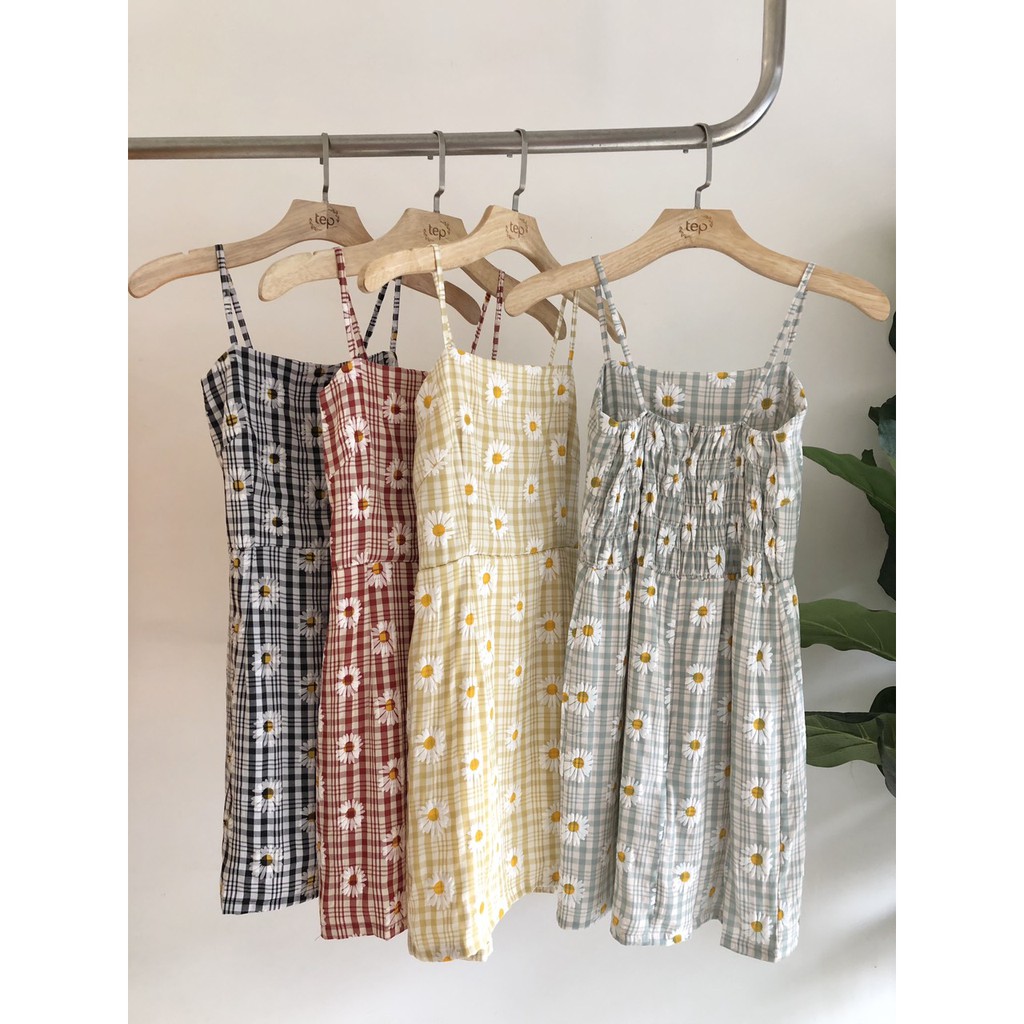 VÁY 2 DÂY KẺ CARO DAISY KHÓA KÉO CHUN SAU QUẢNG CHÂU - VÁY CHỮ A SỌC HOA CÚC HOT