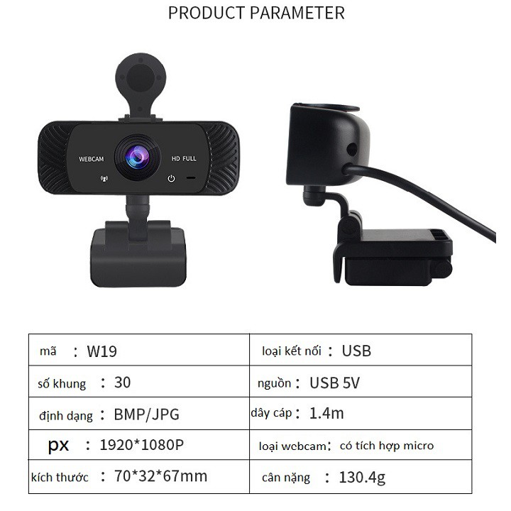 Webcam có mic dùng cho máy tính 1080P có tích hợp mic và đèn Led trợ sáng - có nắp che camera - Webcam máy tính để bàn s
