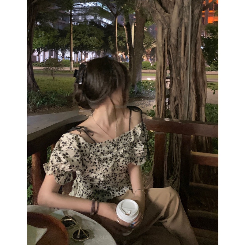 Áo chiffon in hoa tay ngắn trễ vai cho nữ