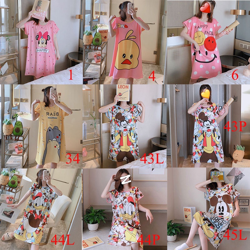 Đầm Ngủ Tay Ngắn Cổ Tròn In Họa Tiết Hoạt Hình Dễ Thương Có Size Lớn Cho Nữ