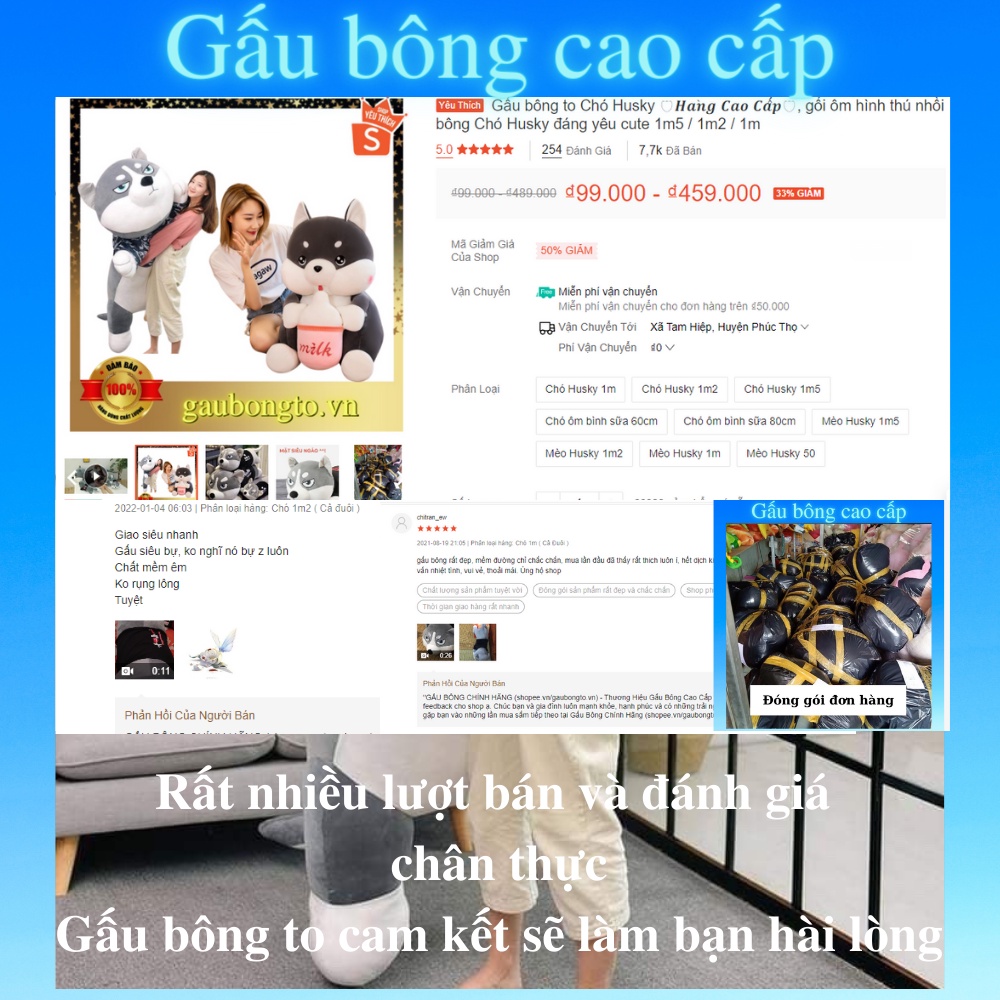 Gấu bông to Chó Husky 🛡𝑯𝒂̀𝒏𝒈 𝑪𝒂𝒐 𝑪𝒂̂́𝒑🛡, gối ôm hình thú nhồi bông Chó Husky đáng yêu cute 1m5 / 1m2 / 1m