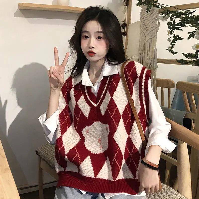 Set Áo Len Không Tay In Hình Gấu Và Áo Sơ Mi Phong Cách Cổ Điển Thanh Lịch Dành Cho Nữ