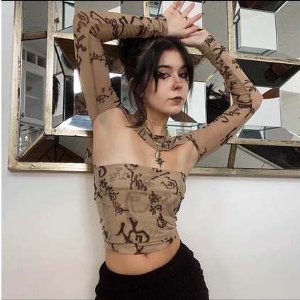 Set áo không dây croptop kèm áo khoác ngắn hoạ tiết chữ trung hoa gợi cảm