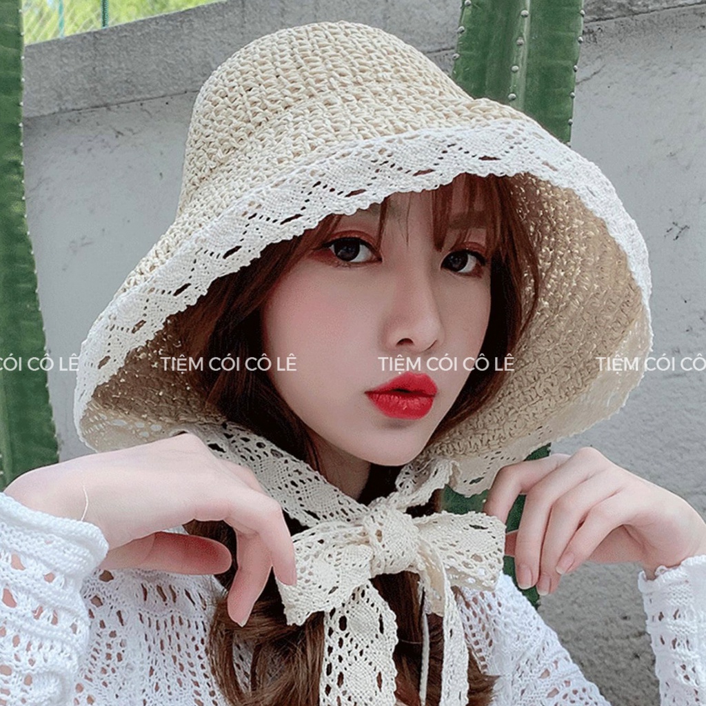 Nón cói đi biển dây ren kiểu dáng vintage, mũ tiểu thư vành rộng - Tiệm Cói Cô Lê