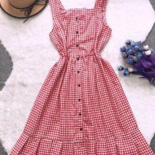 Đầm caro 2 dây đuôi cá xếp li(kèm hình thật)