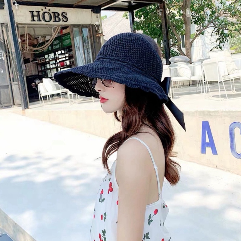 Nón Rơm Vành Rộng Hở Chóp Phối Nơ Thời Trang Mùa Hè Chống Nắng Cho Nữ