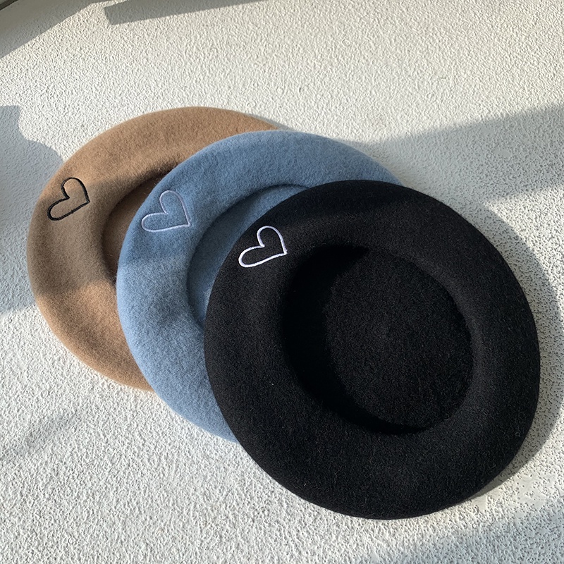 Deepsea Mũ Beret Len Thêu Hình Trái Tim Phong Cách Hàn Quốc Thời Trang Mùa Thu Cho Nữ