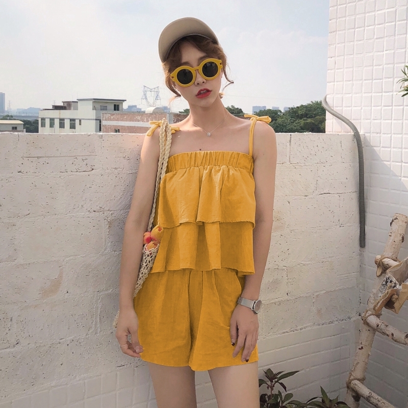 Bộ áo thun + quần ống rộng lưng cao phong cách Hàn Quốc cho nữ