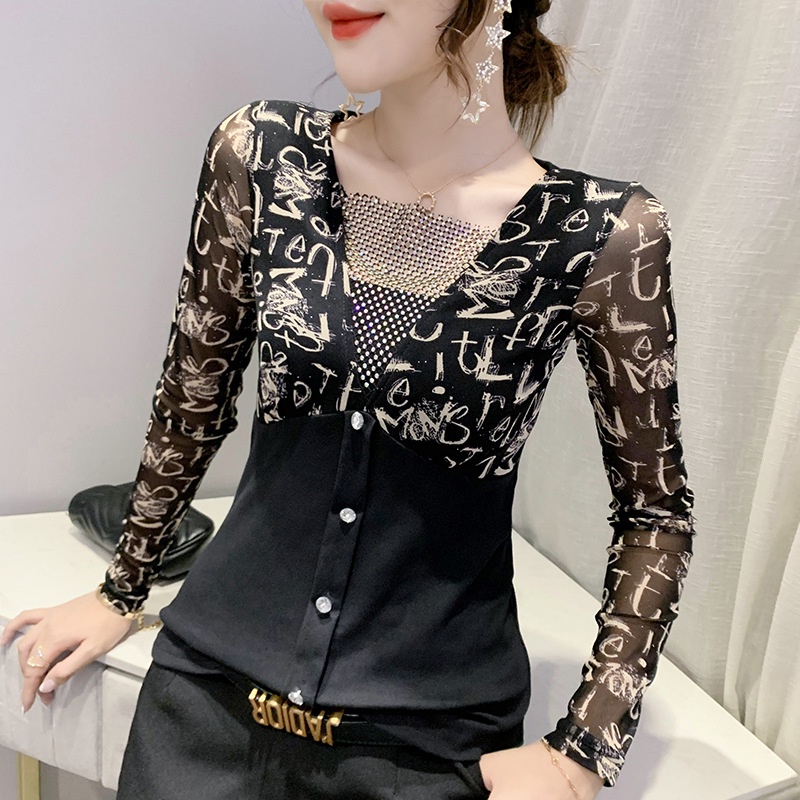 Áo lưới dài tay Áo thun dài tay nữ Phối Lưới In Họa Tiết Kim Cương Kiểu Mới