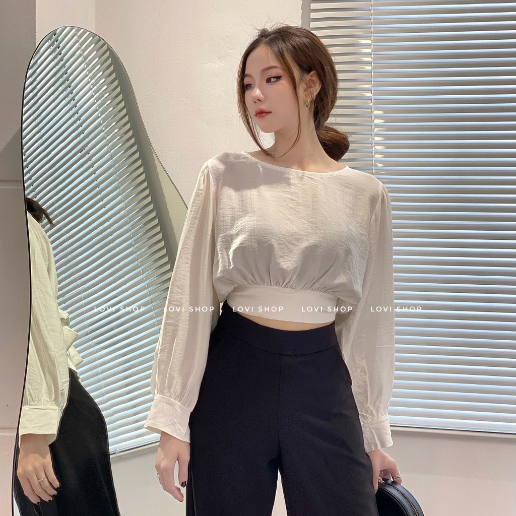 LOVI SHOP - Áo croptop nơ lưng tay dài basic nhiều màu trơn LOVI