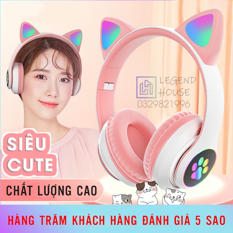 Tai Nghe Chụp Tai Bluetooth Không Dây Tai Mèo Đáng Yêu Có Đèn Led Thích Hợp Xem Phim, Nghe Nhạc Chơi Game Và Học Online